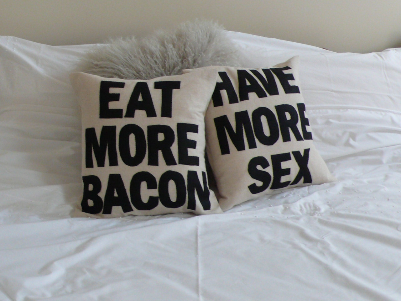 Eat More Bacon and Have More Sex - handmade 16in (41cm) sq appliqued pair of cushions/pillows
