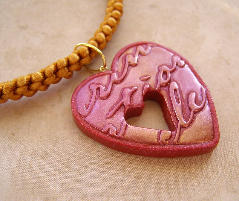 Golden Pink Romantic Love Letter Heart Polymer Clay Pendant Necklace