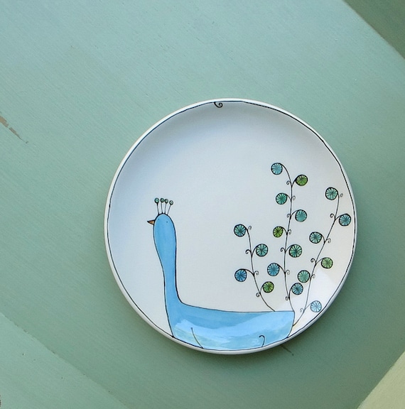 Large ceramic blue peacock plate, spring garden plate