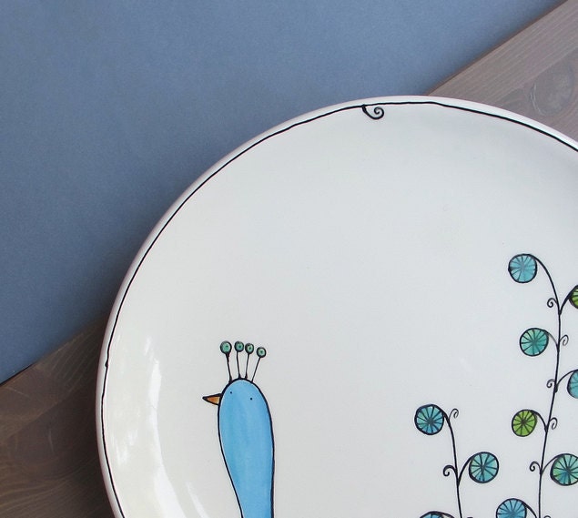 Large ceramic blue peacock plate, spring garden plate
