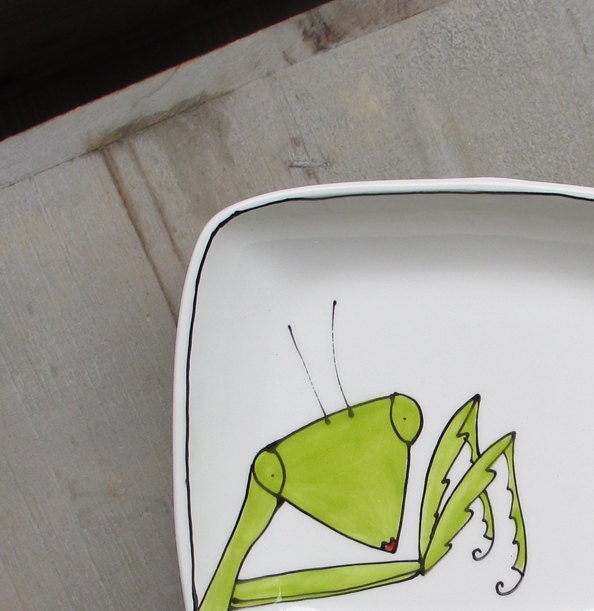 Green praying mantis tray, small ceramic spring insect tray / plate for her