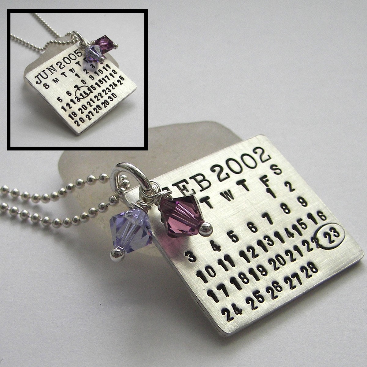Two Calendars in One Mark Your Calendar Necklace hand stamped and personalized sterling silver necklace with Swarovski Crystals