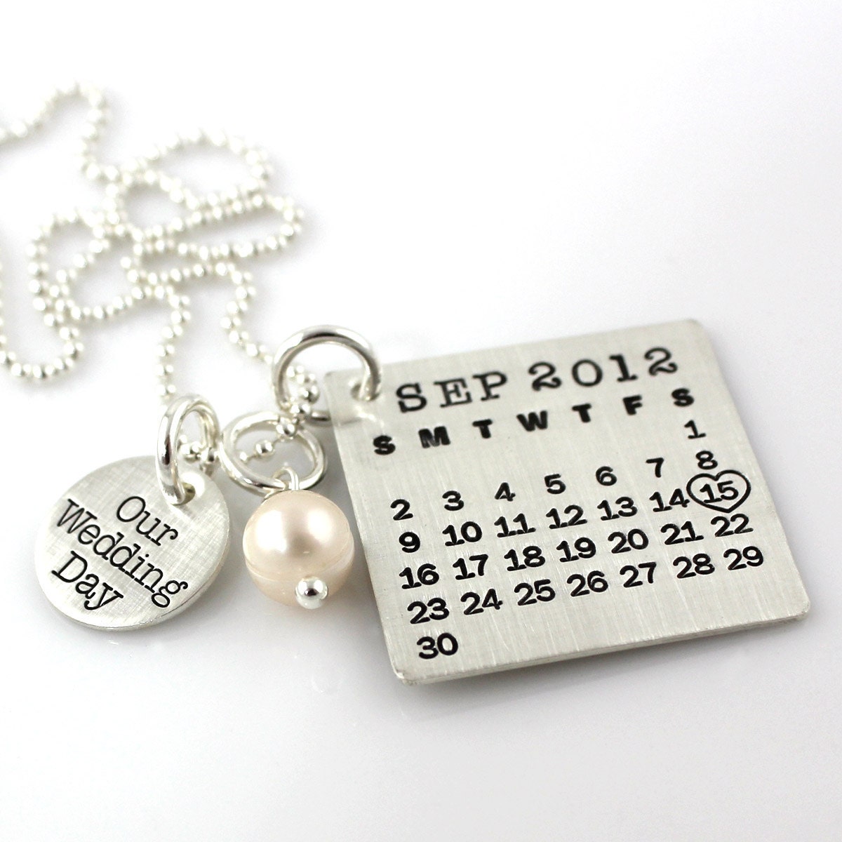 Our Wedding Day Mark Your Calendar Necklace personalized sterling silver necklace with pearl