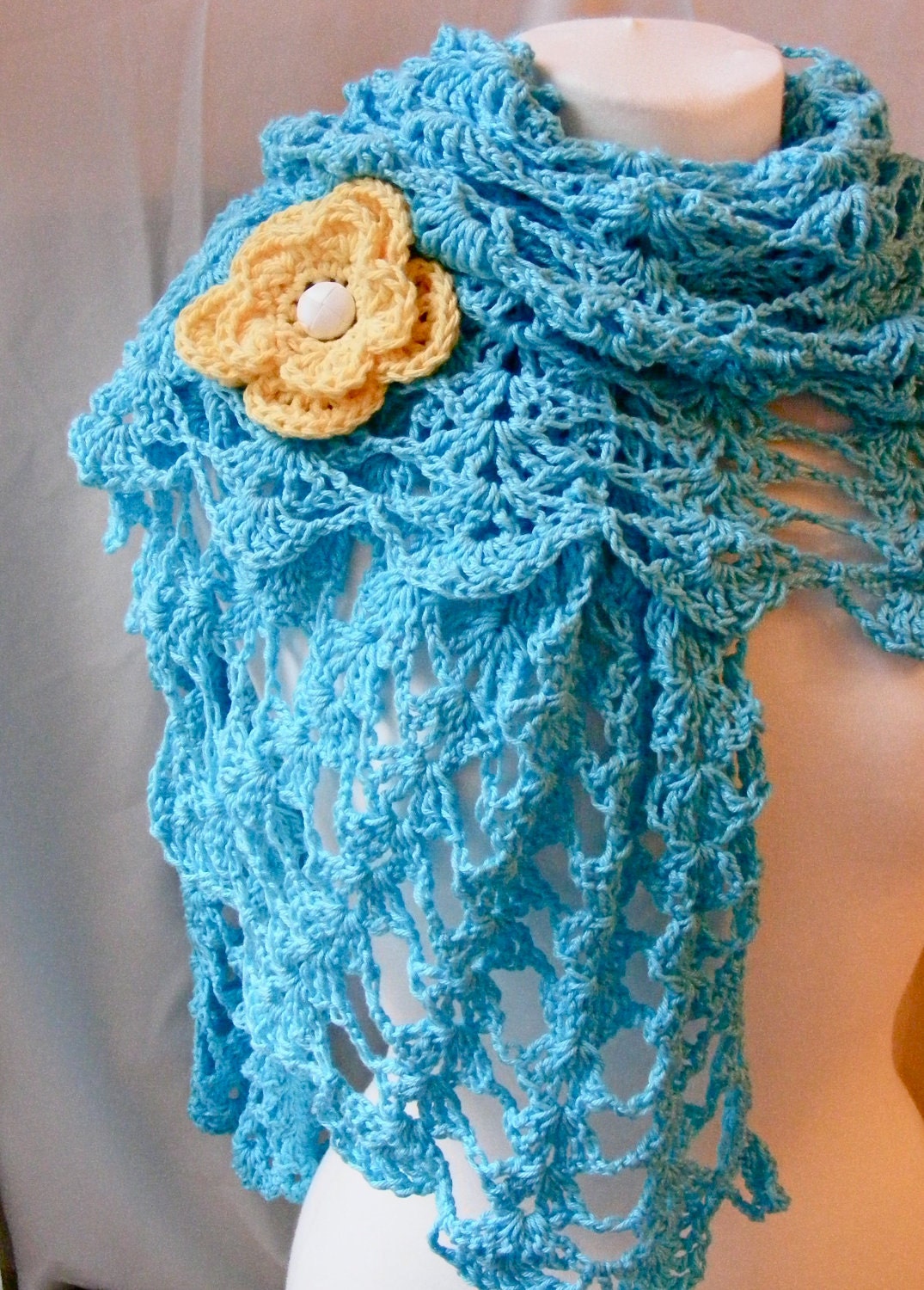 Shawl Crochet Pattern - Ladies Summer Openwork Crochet Shawl with Flower - Quick and Easy - Permission to Sell Finished Items