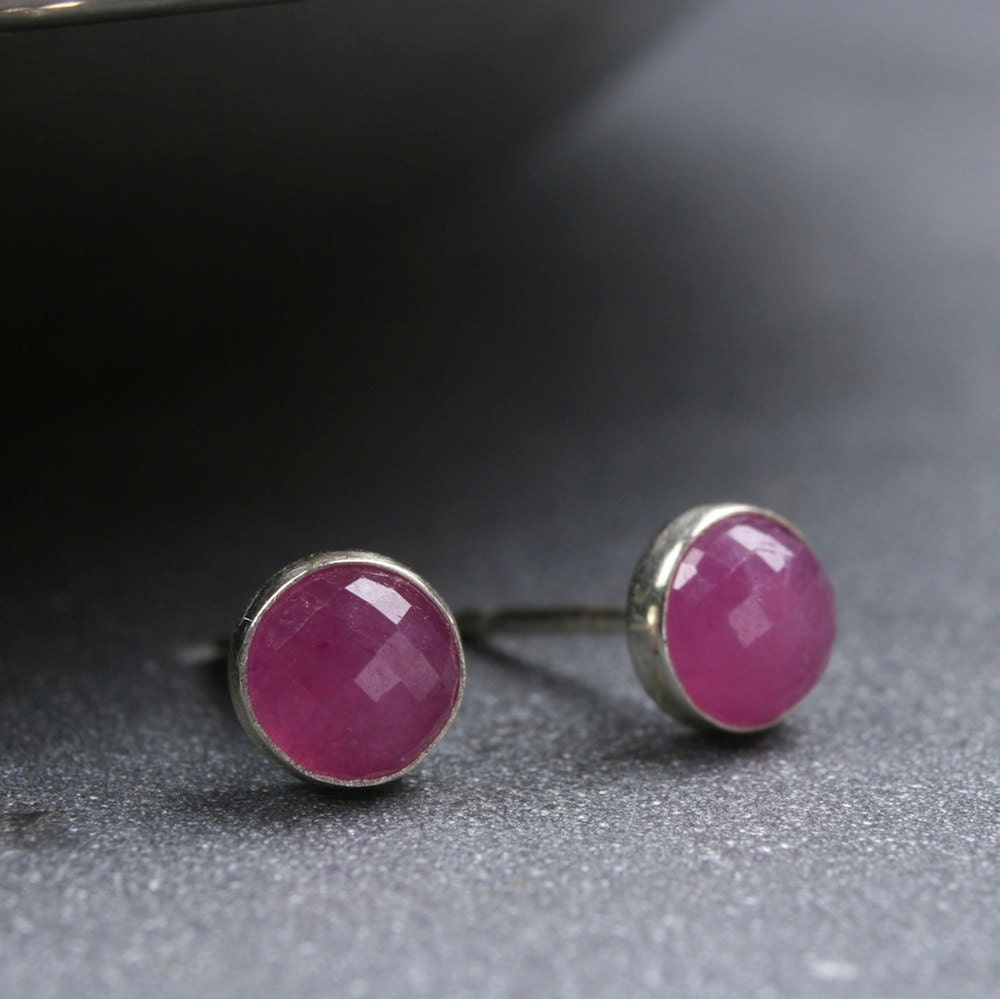 Rose cut ruby and sterling silver bezel set stud earrings