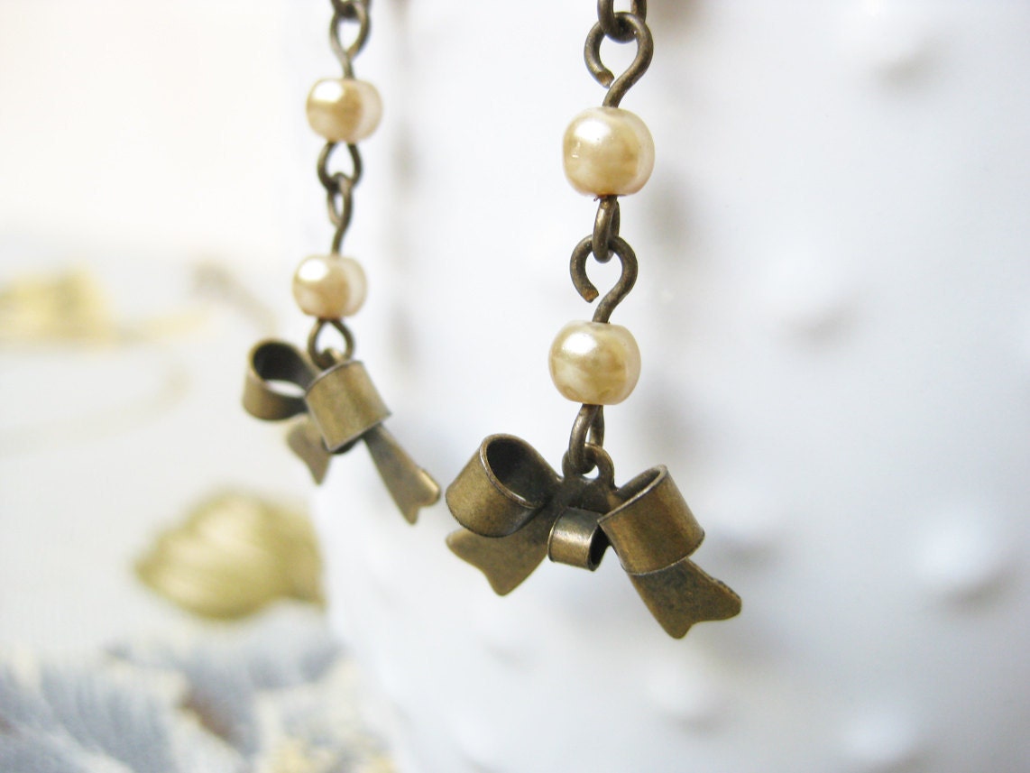 Bow Earrings Taupe Pearl Dangle