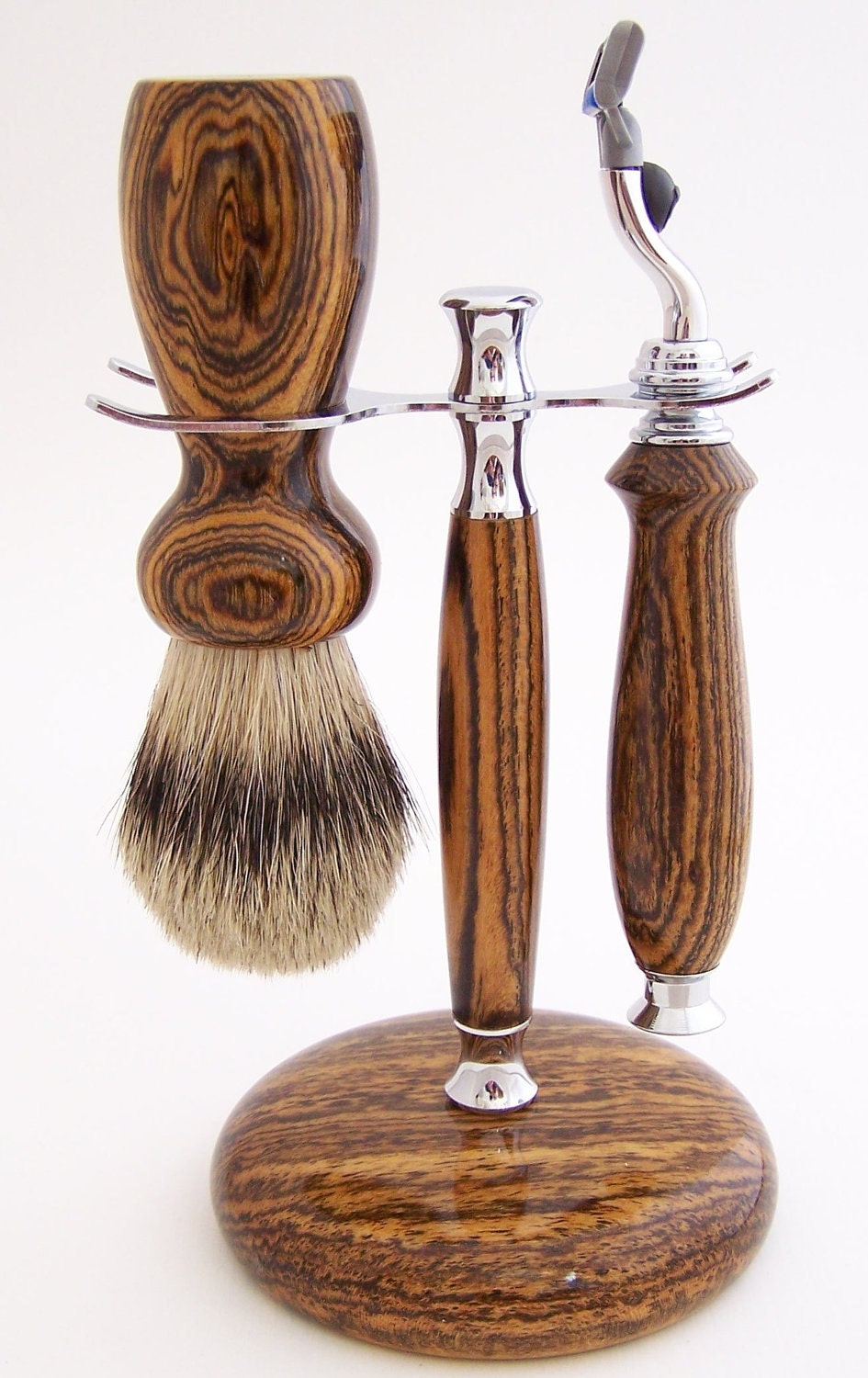Bocote Wood 24mm Silvertip Badger Brush, Mach 3 Razor and Stand Shaving Set (Handmade in USA)