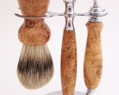 Black Cherry Burl Wood 24mm Silvertip Badger Brush, Mach 3 Razor and Stand Shaving Set (Handmade in USA)