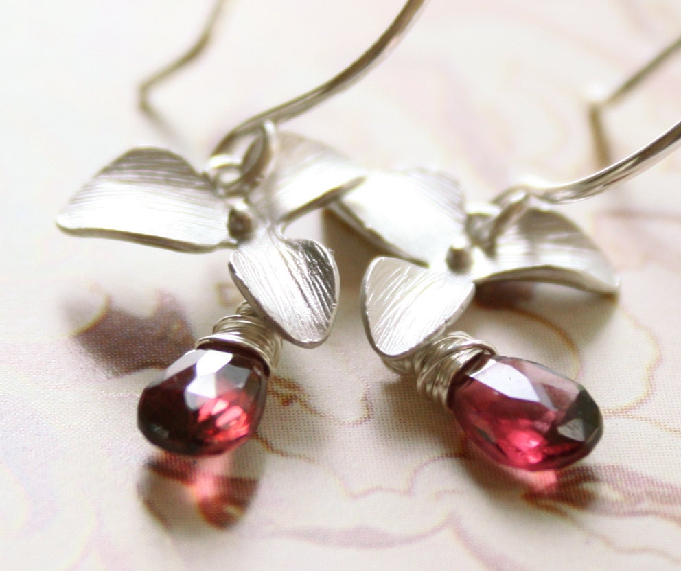 Rhodolite Garnet Earrings Silver Flower Wire Wrapped Hot Pink Gemstone - Dogwood Blossom