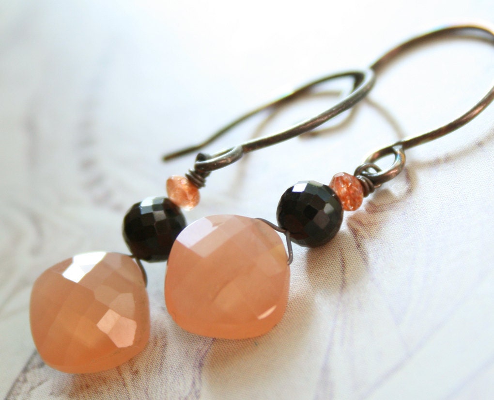 Orange and Black Earrings Peach Moonstone Black Spinel Sterling Silver Oxidized