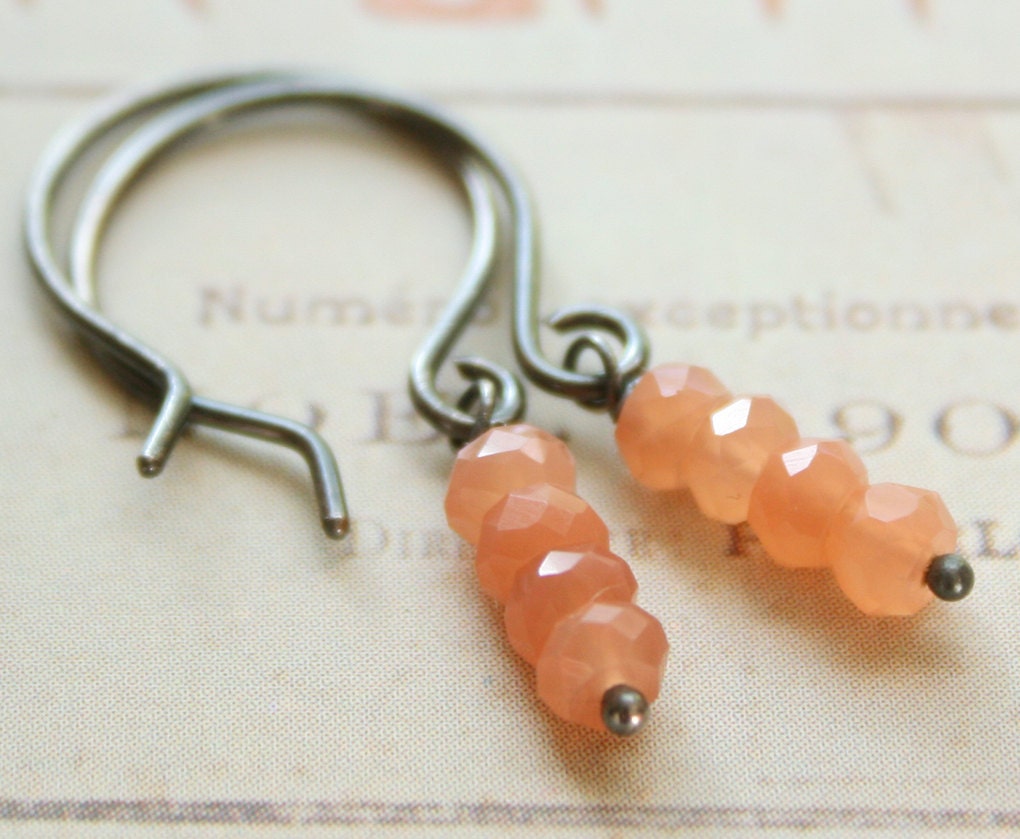 Peach Moonstone Earrings Orange Peachy Gemstone Sterling Silver Oxidized