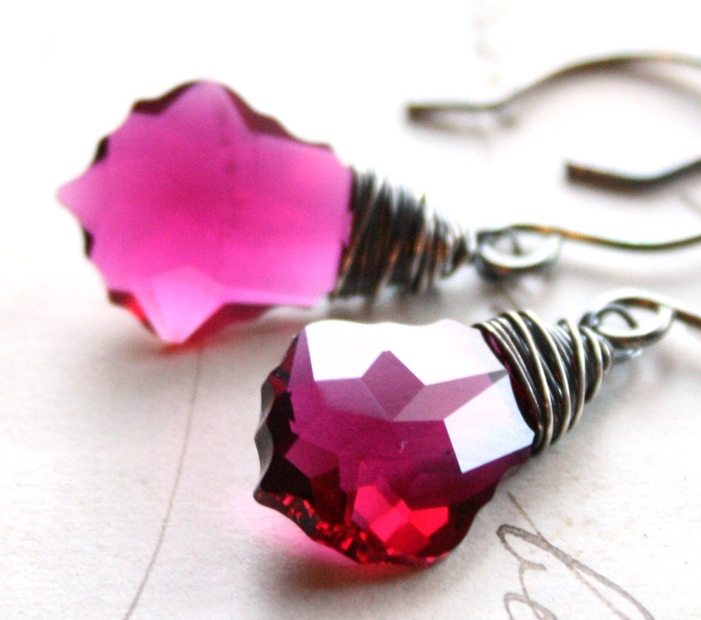Wire Wrapped Earrings Ruby Crystal Sterling Silver Oxidized Swarovski Deep Pink Red Raspberry