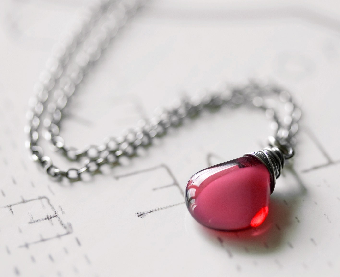 Petal Necklace Deep Pink Czech Glass Sterling Silver Wire Wrapped Oxidized Peony Rose Petal