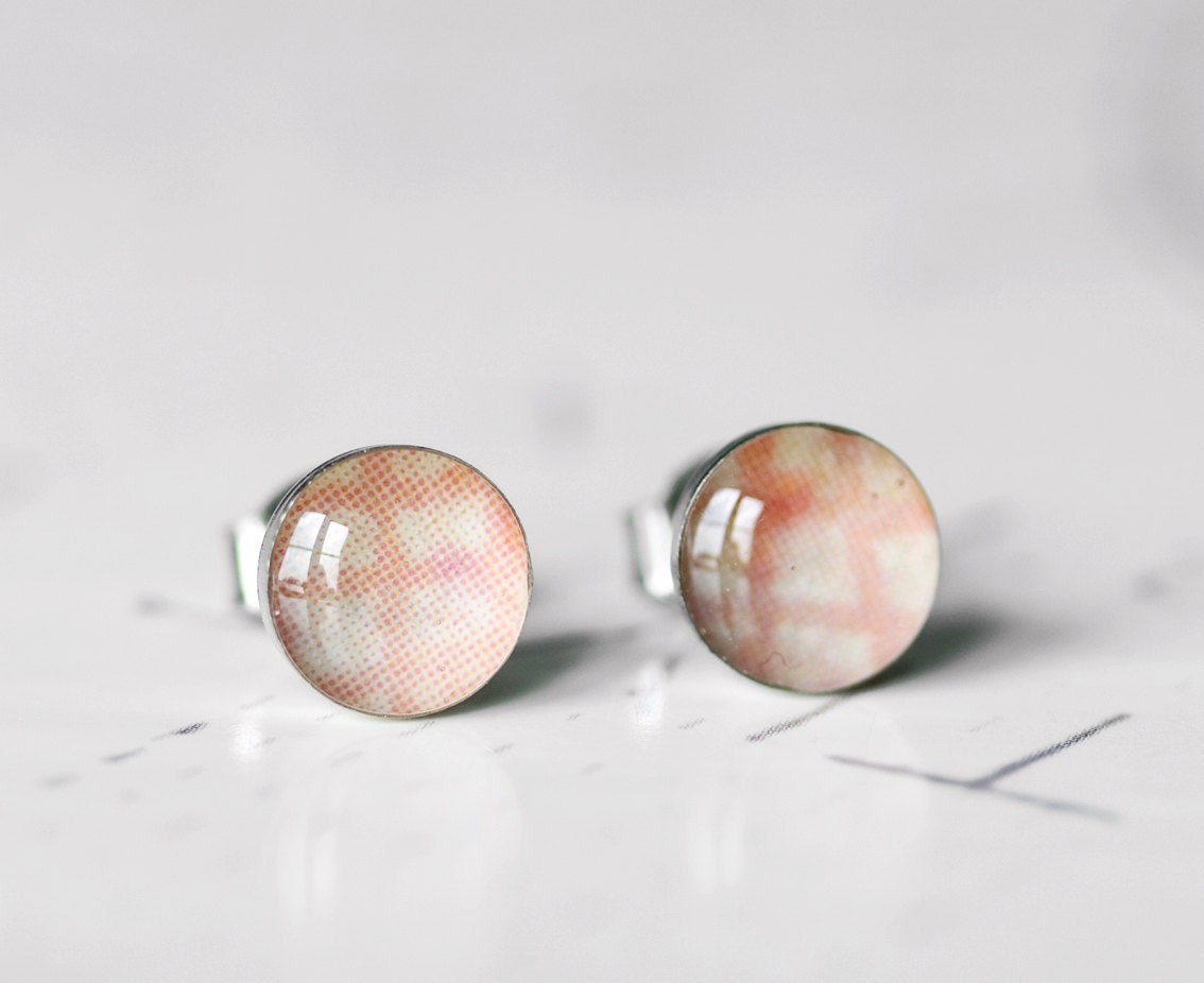 Pink Gingham Stud earrings - Pale Peachy Pastel Pink Picnic Blanket Resin Silver Post earrings
