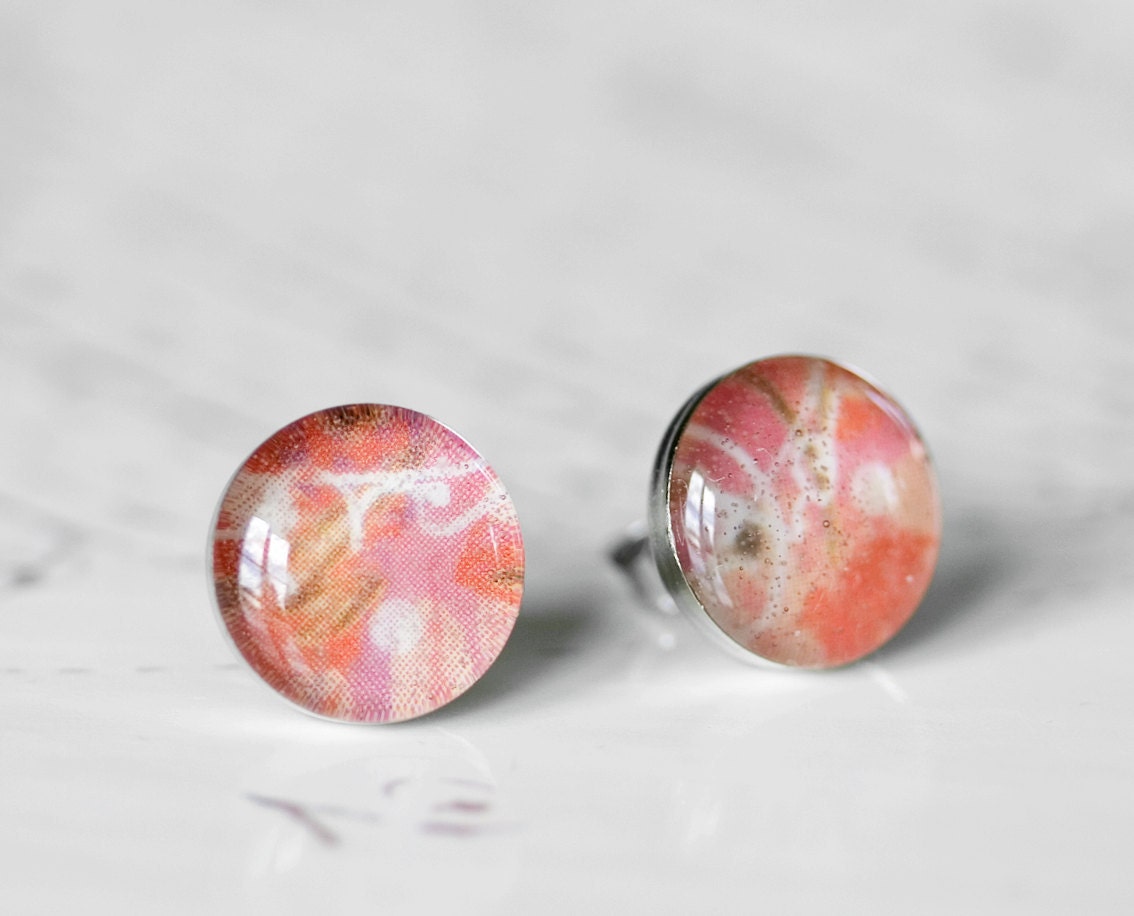 Pinky Red Stud Earrings - Rose Pink Red and Mauve Purple Patterned Resin Silver Post Earrings