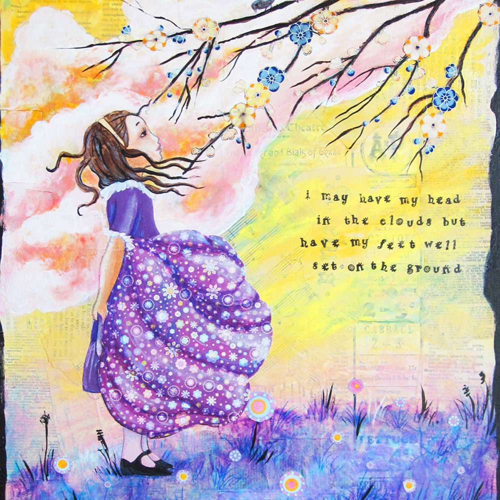 Head in the Clouds 4 x 6 mini print from mixed media art