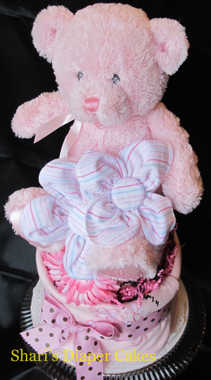 Gund "My First Teddy" Pink Bear 2-Tier Diaper Cake -Baby Shower Centerpiece - Baby Gift