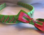 Pink & Green Woven Ribbon Headband w/Detachable Hairbow