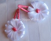 White & Pink Grosgrain Ribbon Flower Snap Hair Clips