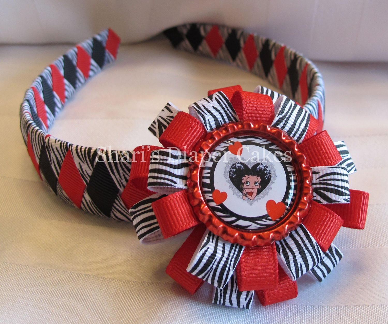 Betty Boop Red Zebra Woven Ribbon Headband with Attachable Bottlecap Hairbow - Hairclip