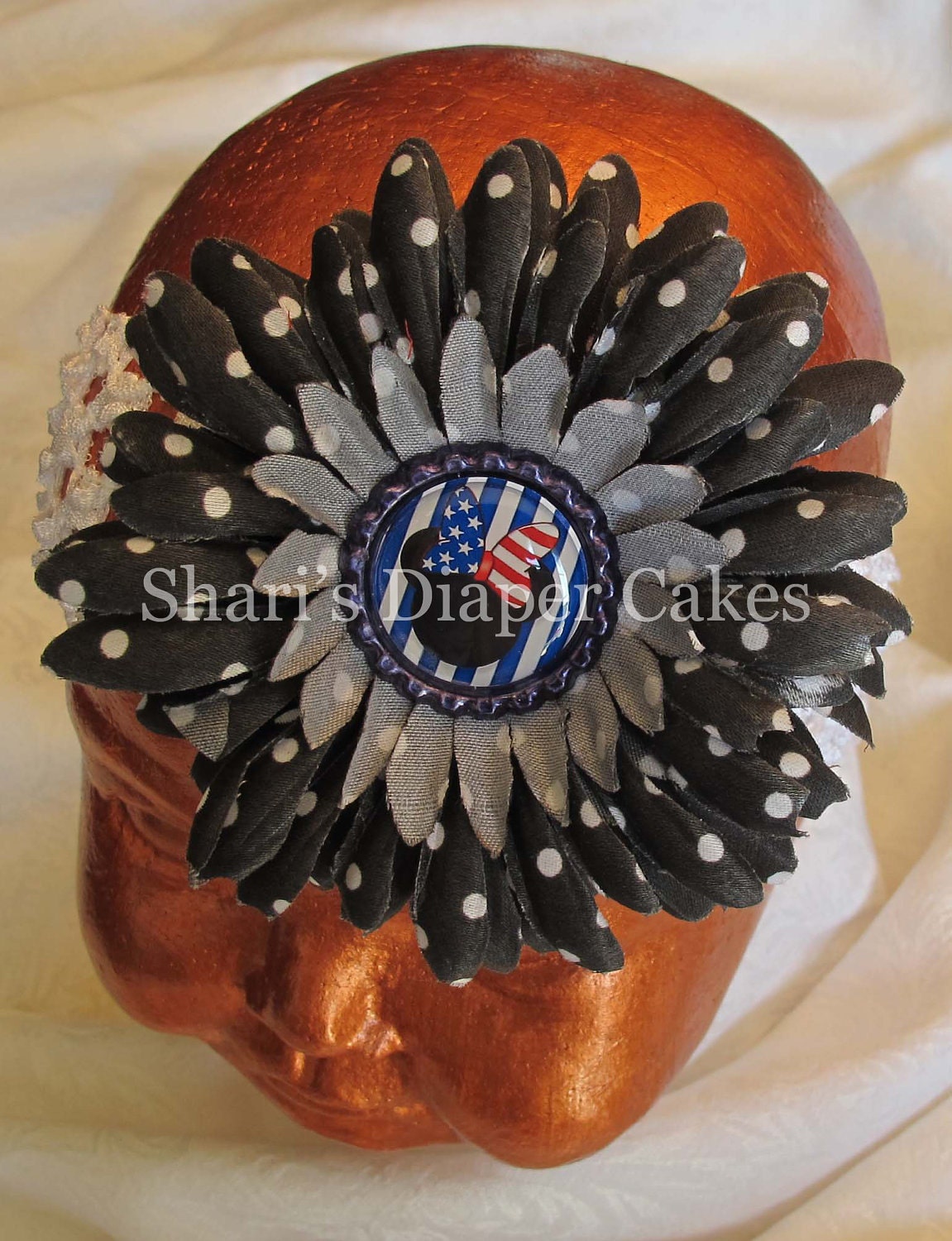 Patriotic Mouse Silhouette Bottlecap Gerbera Daisy Flower Hairclip with Two Crochet Headbands
