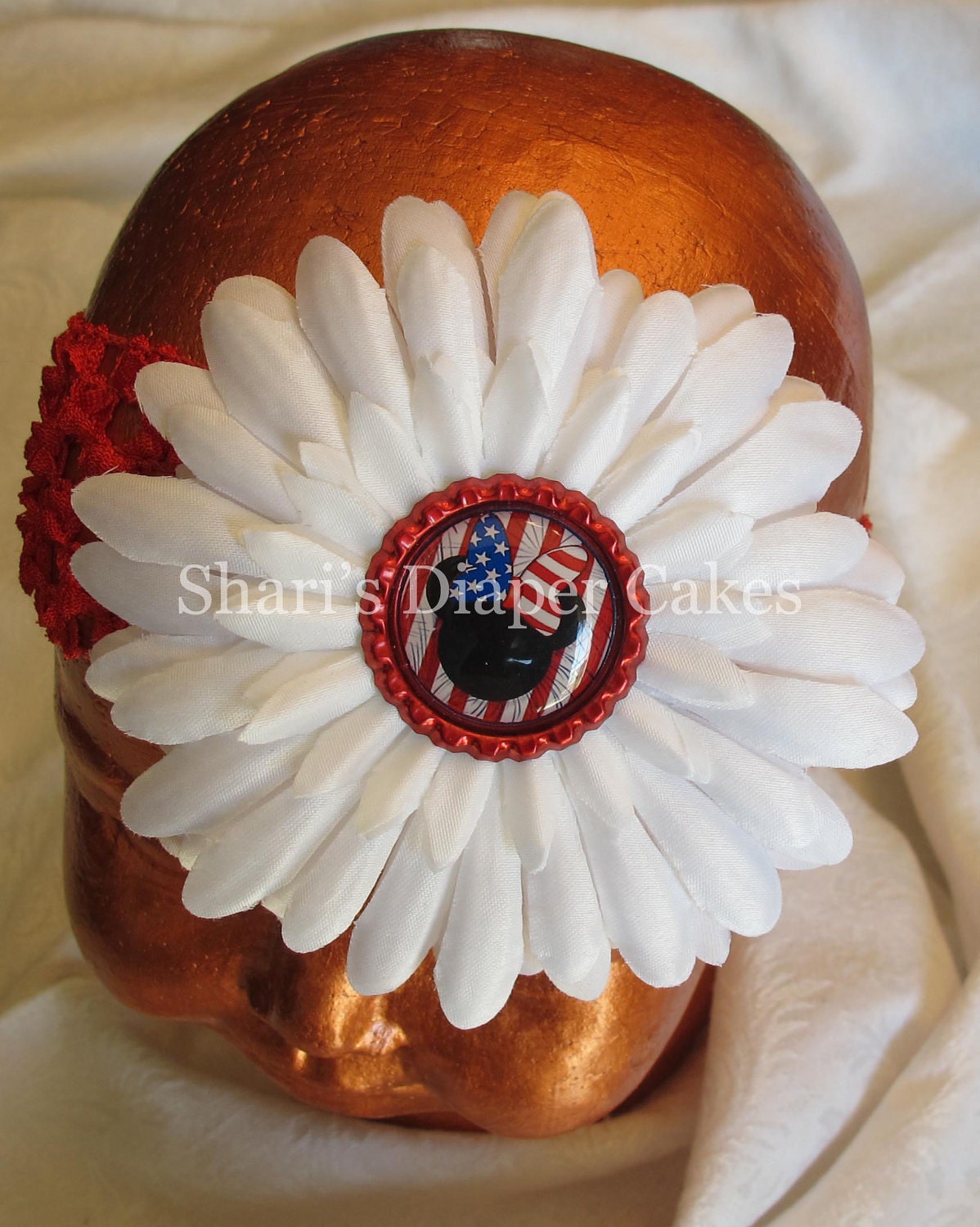 Patriotic Mouse Bottlecap Gerbera Daisy Flower Hairclip with Two Crochet Headbands