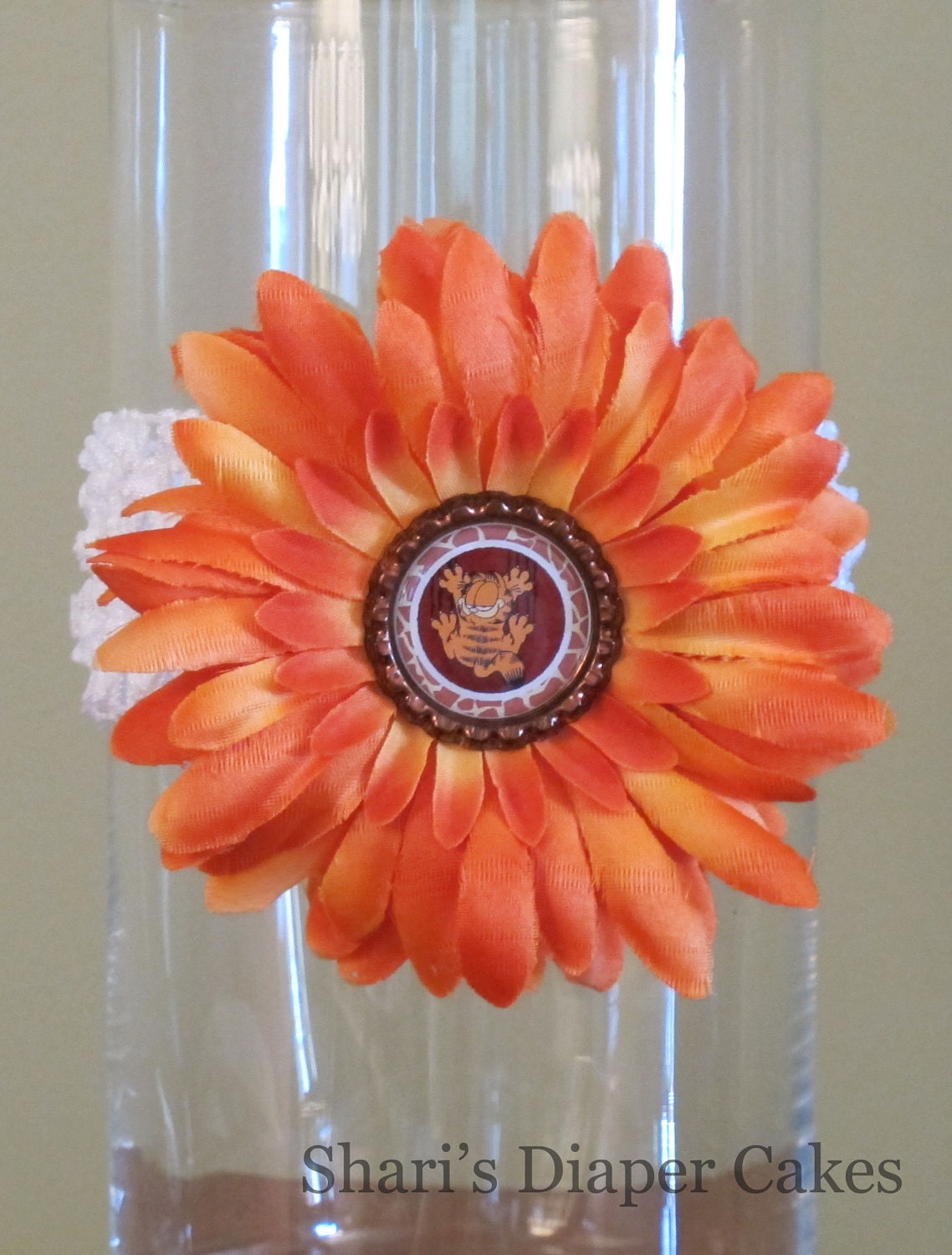 Cat Bottlecap Orange Gerbera Daisy Flower Hairclip with Two Crochet Headbands