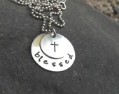 Hand stamped sterling silver two stacked disc necklace cross with BLESSED