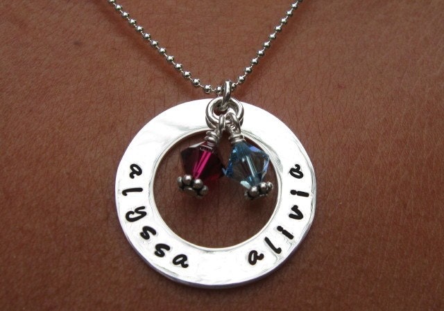 Personalized and hand stamped sterling silver washer necklace with birthstones