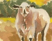 Sunshine Lamb watercolor portrait of sheep on paper