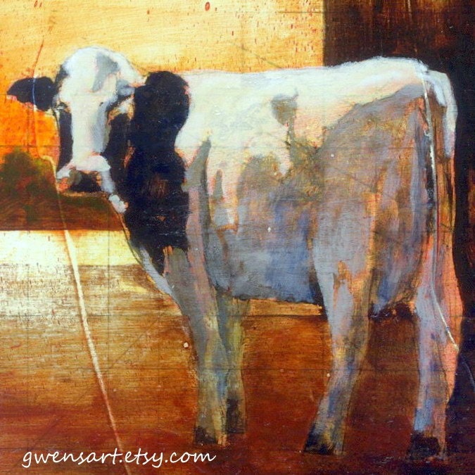 Holstein cow black and white cow PRINT image is 8 x 8 yellow orange red kids room wall art print toomalatai