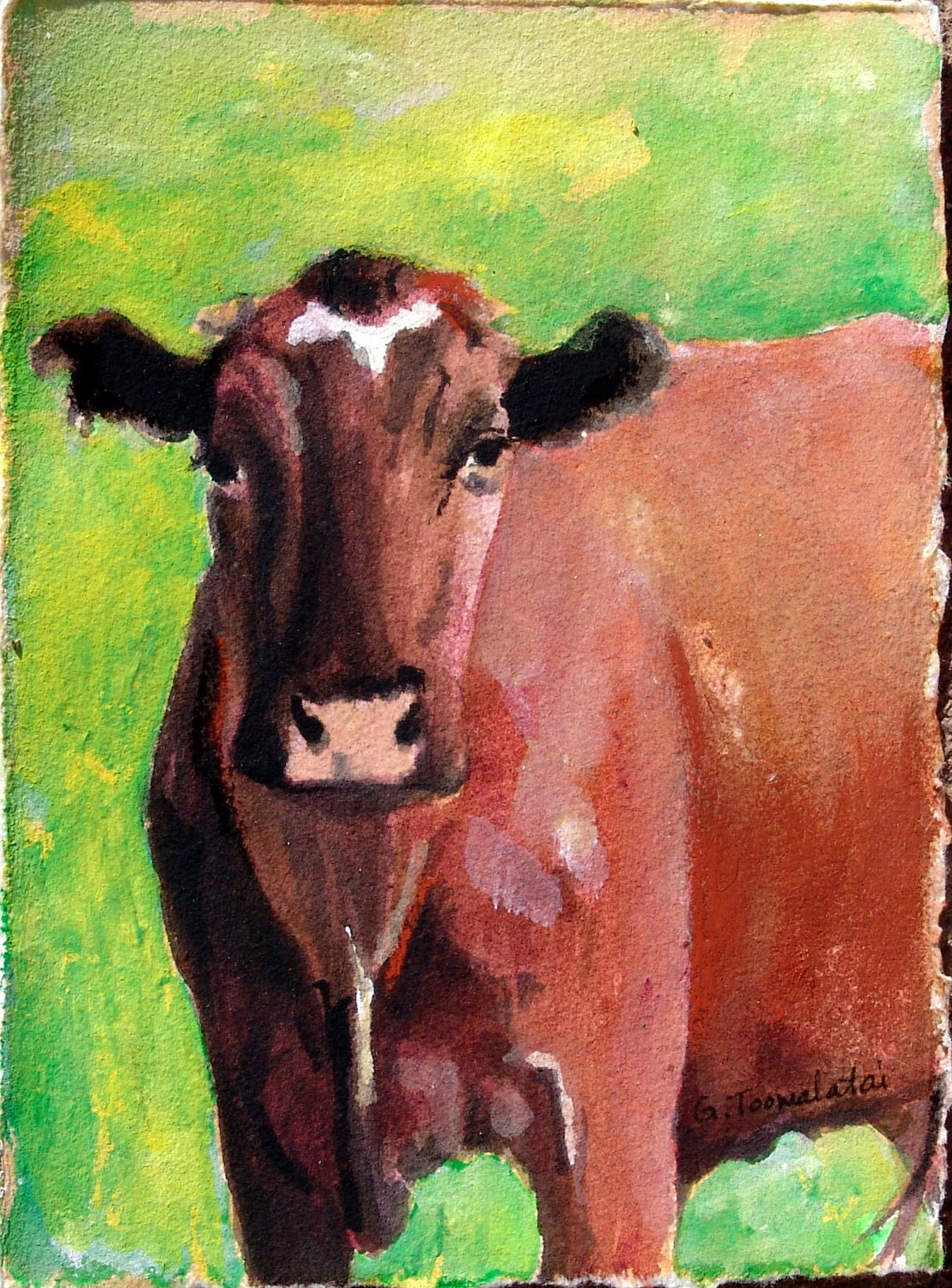 Red cow watercolor acrylic original painting 7 inches by 5 inches cow art cow decor cow painting G. Peine Toomalatai