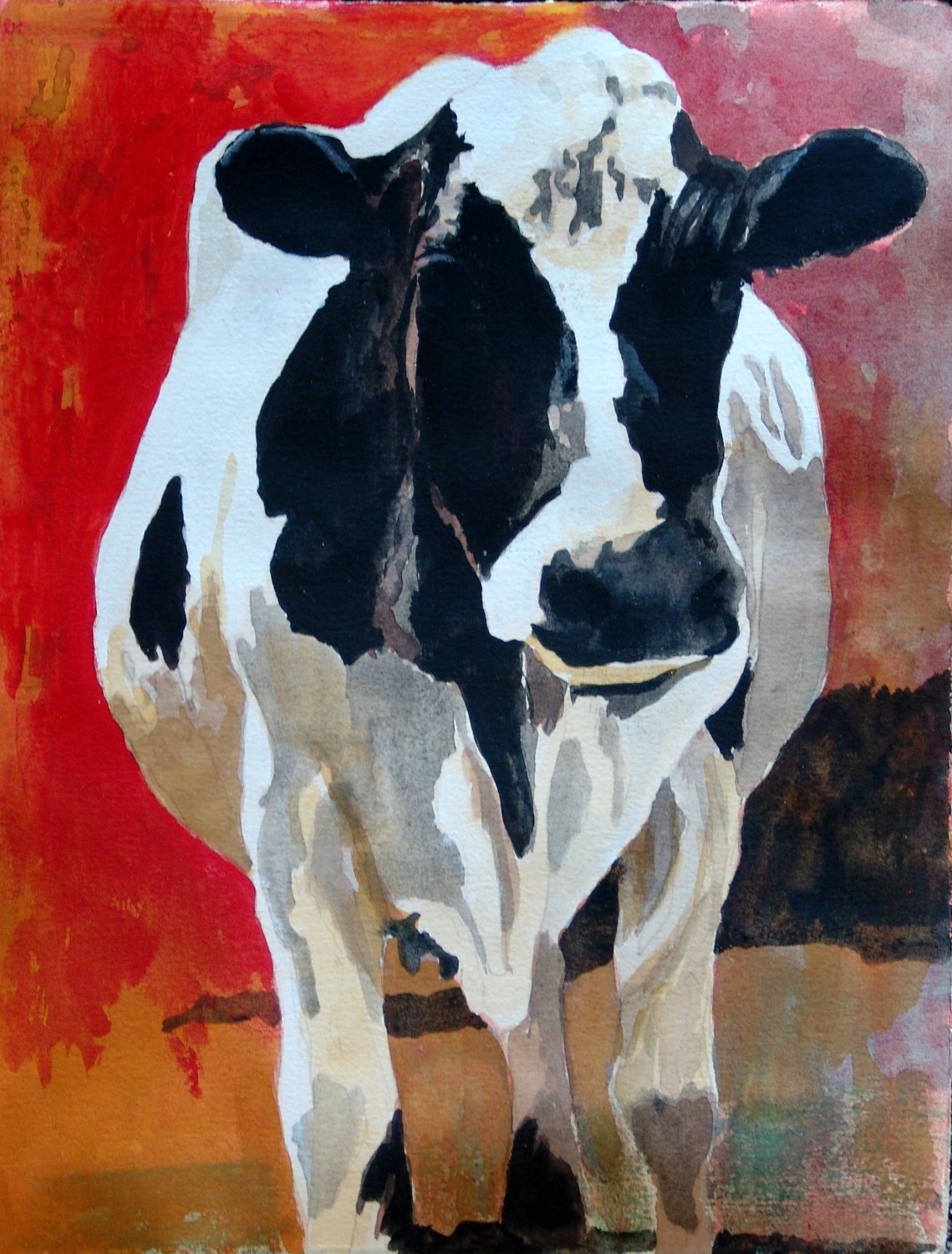 Black and White cow Holstein cow PRINT 8.5 by 11 paper size Print of an original watercolor acrylic painting