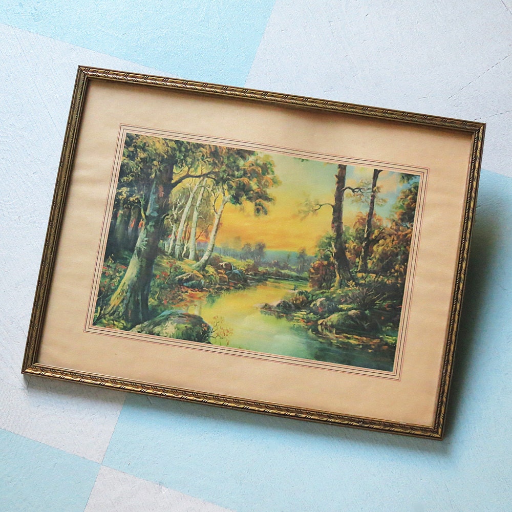 Colorful Framed Landscape Print of Trees and a Stream