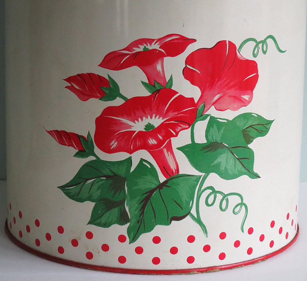 Vintage Kitchen Canister with Polka Dots and Morning Glories in Red and Green