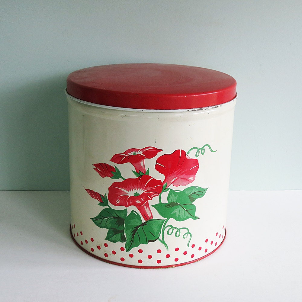 Vintage Kitchen Canister with Polka Dots and Morning Glories in Red and Green