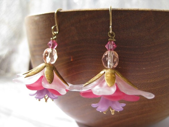 Pink Lilies . Lucite, Brass and Swarovski Crystal Flower Earrings
