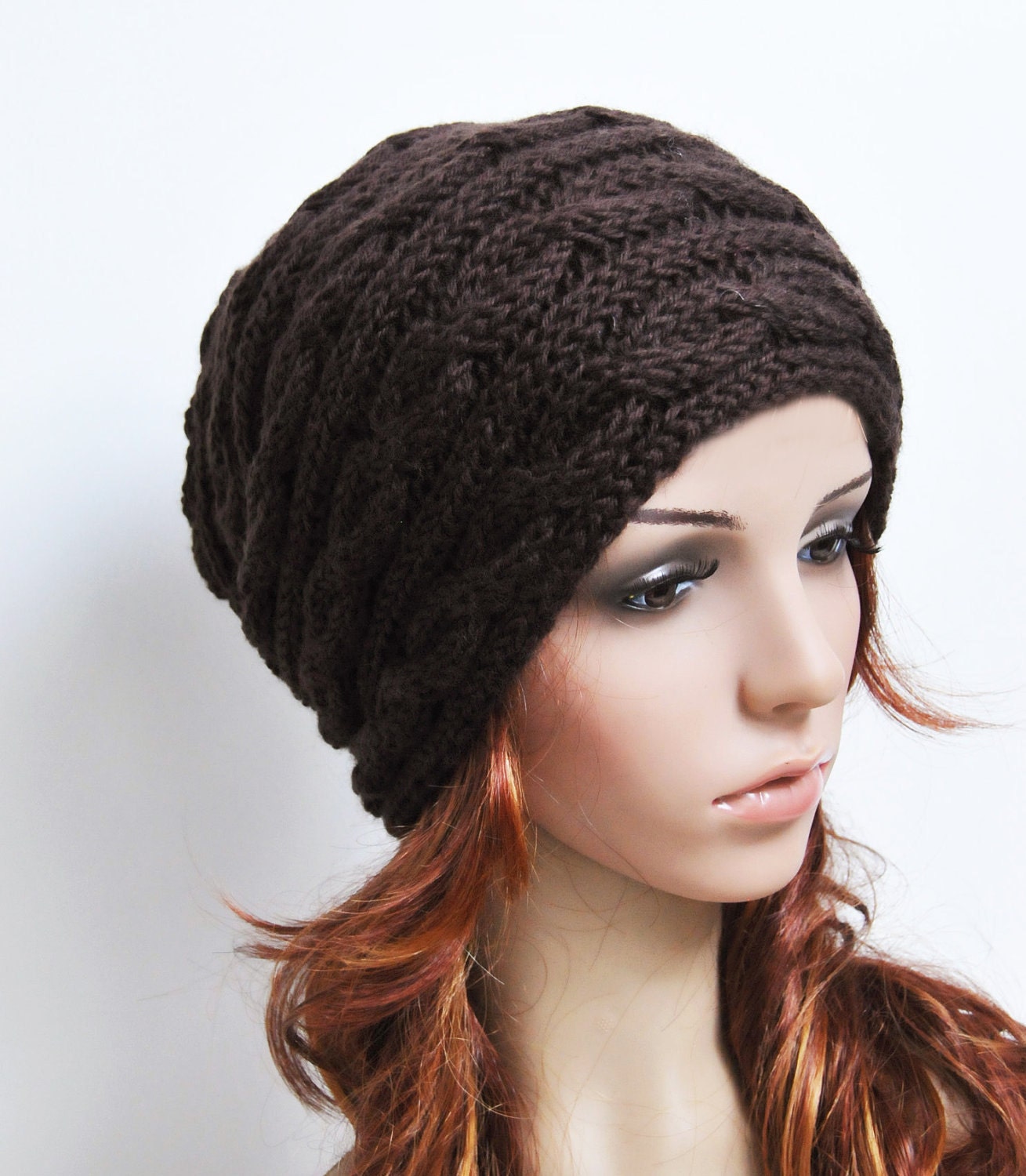 Hand knit hat - knit cable Hat in Brown/ chcolate