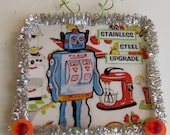 Retro TV Inspired Magnet Altered Mixed Media Art Entitled Stainless Steel Upgrade with Retro Mixer and Robot