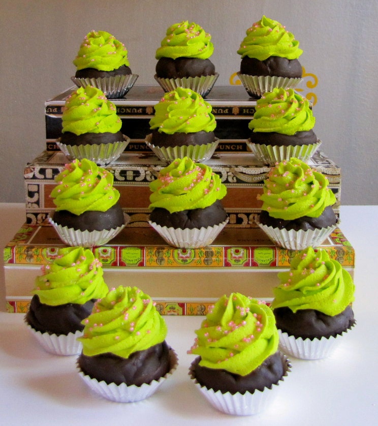 Fake Cupcakes Mini Cupcakes Set 6 Chocolate/ Lime Collection Sprinkles Great Photography Props Birthday Decor