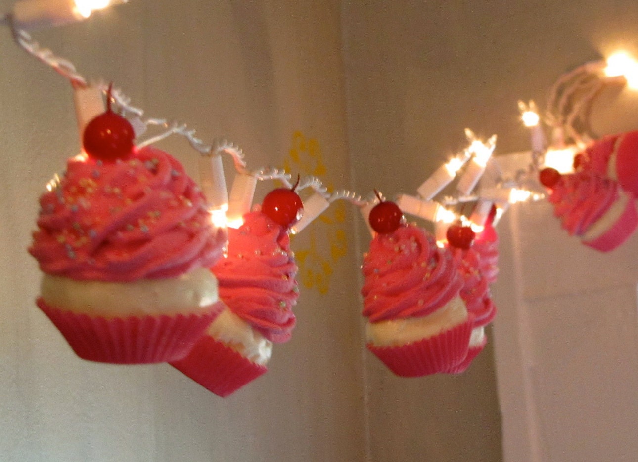 Fake Cupcake Valentines Day Cupcake String of Lights 12 Legs Orignal Concept Design 10 Pink Cupcakes Fab Bakery Decor Kitchens First on Etsy