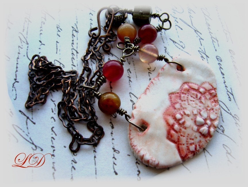 Old Lace necklace with porcelain and jade  ooak