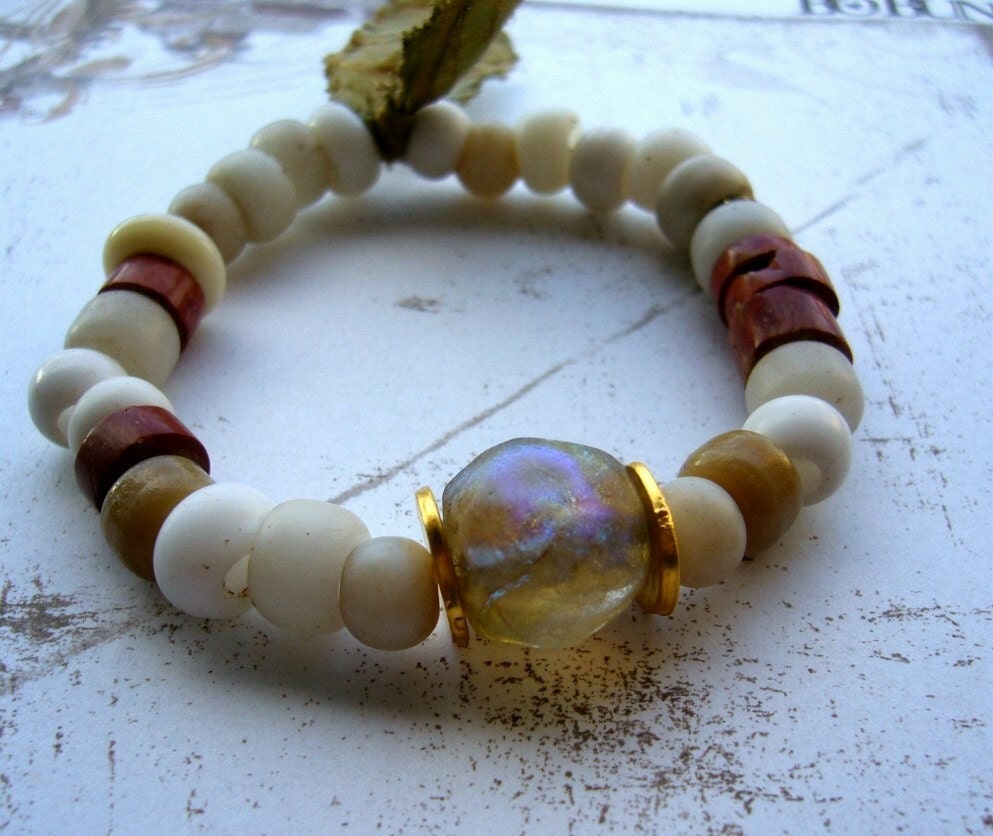 Whisperer  Bracelet   with  Basha bead antique white glass beads and bauxite  ooak