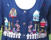 Vintage Dress Denim Embroidered Applique Bechamel Petite PL