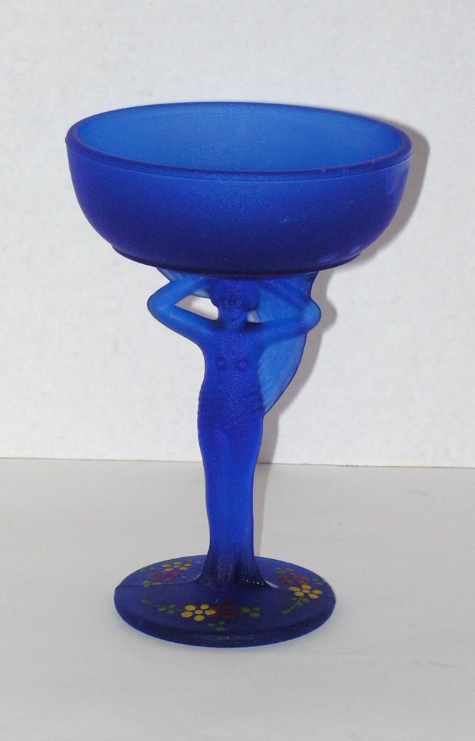 Vintage Art Deco Glass Figural Female Jar Cobalt Blue Satin Compote