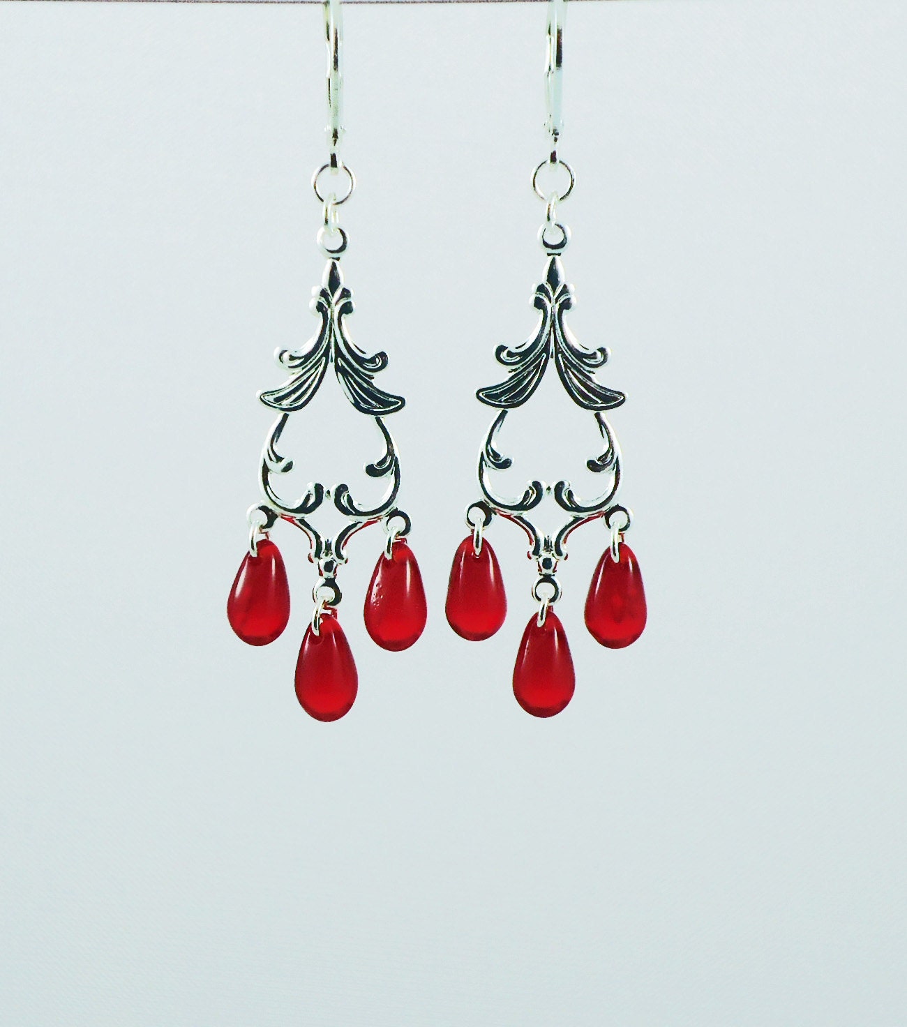 Silver Filigree Red Drop Lever Back Chandelier Earrings