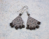Stamped Metal Filigree Fan Dangle Chandelier Earrings Surgical Steel