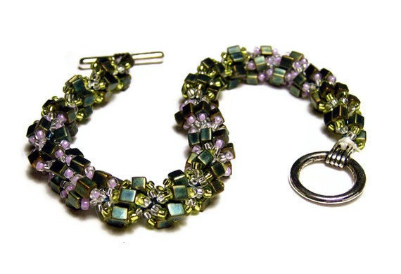 Beaded Bracelet Beadweaving Handmade Seed Beads Miyuki Cube Beads Spiral Pattern Jewelry  Green Iris Lime Pink 8"   20.5 CM