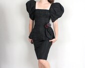 Little Black Dress // Vintage Pouf Sleeve Cocktail Party Dress // 1980s Vouge LBD