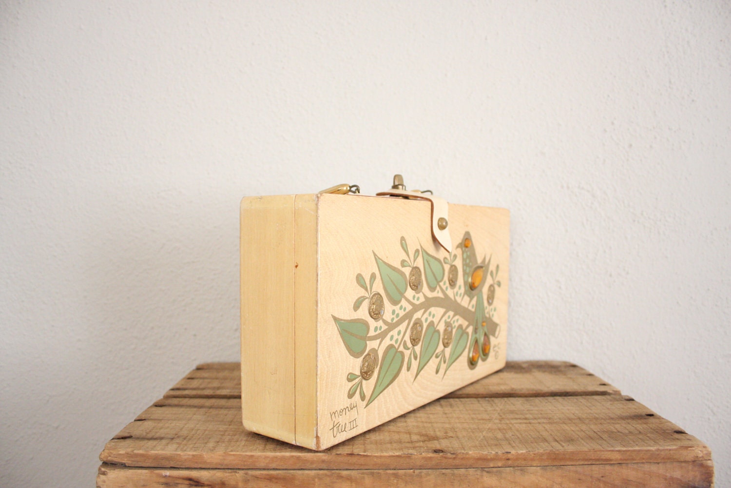 Mid Century Box Purse // 1960s Painted Wooden Bird Handbag // The Original Box Bag